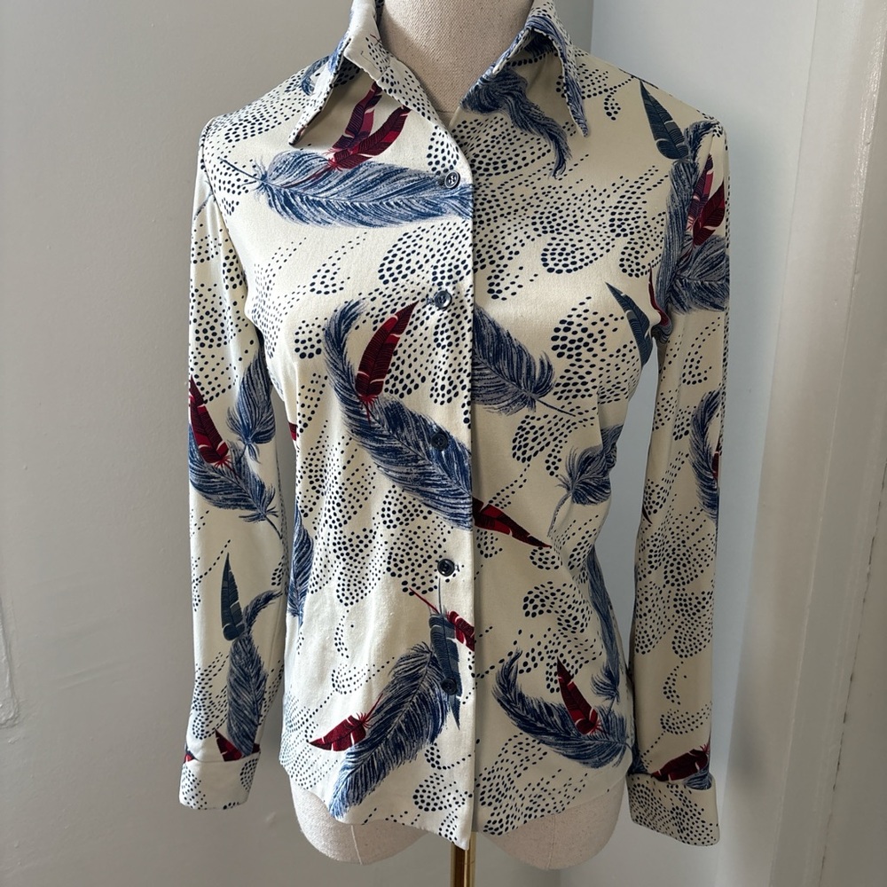 VTG 70s Feather Print Button-Up with Wide Collar